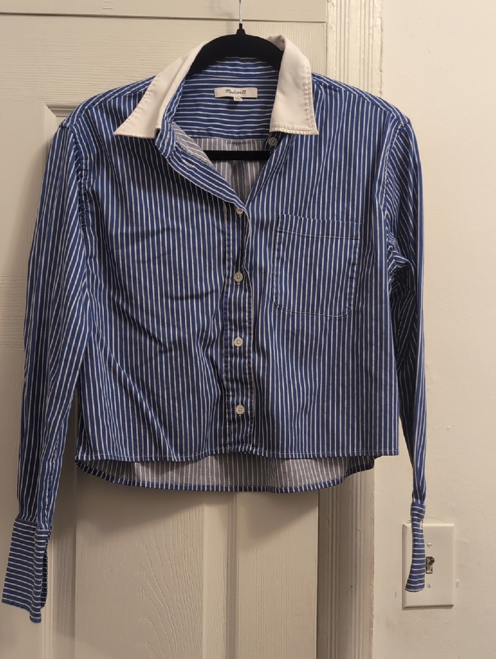 Madewell Blue and White Cropped Striped Button Shirt